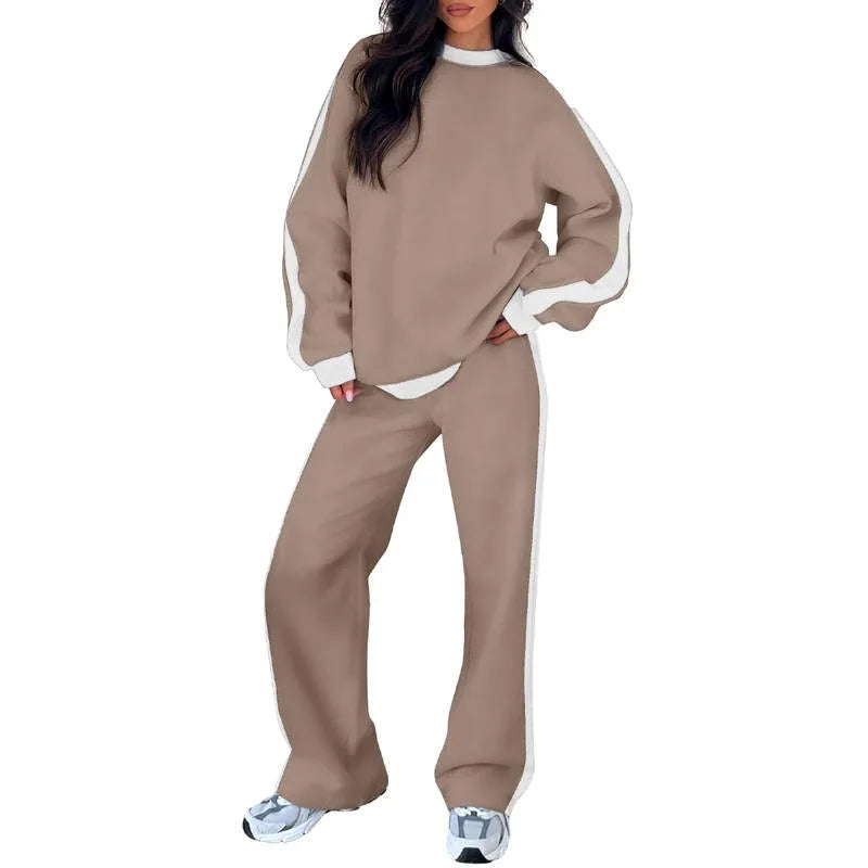Women's fleece crew neck winter two piece set with contrast side stripes
