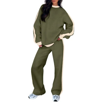 Women's fleece crew neck winter two piece set with contrast side stripes