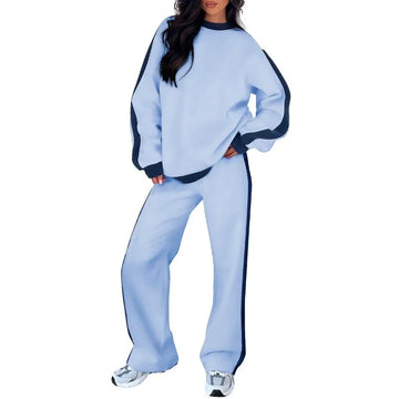 Women's fleece crew neck winter two piece set with contrast side stripes