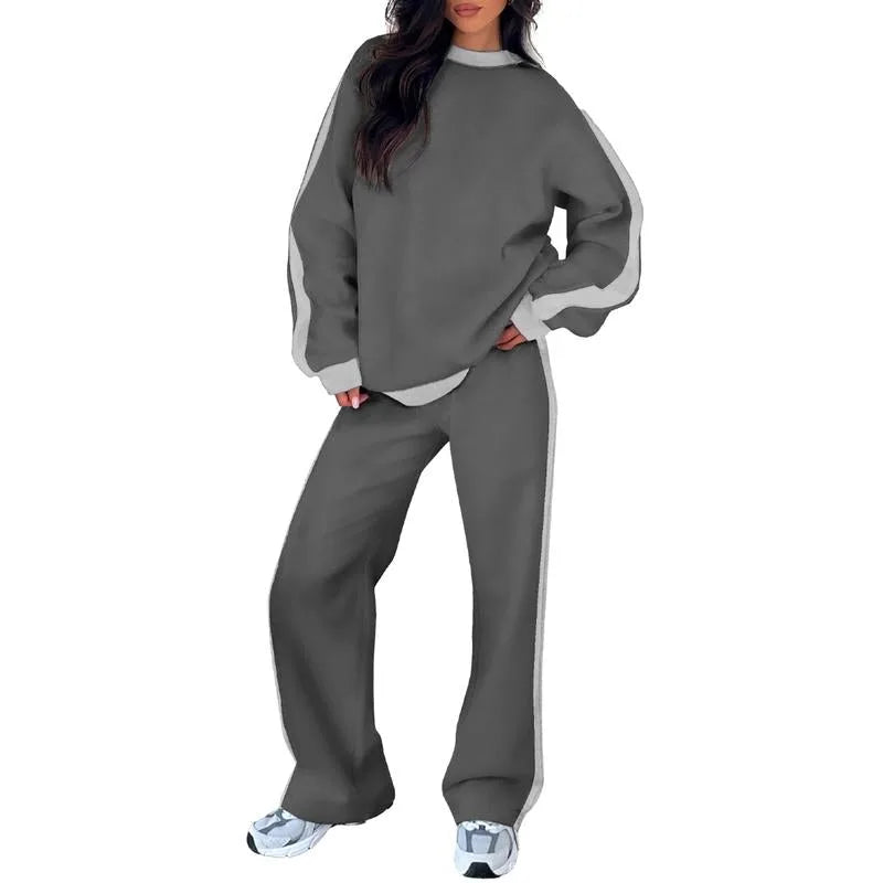 Women's fleece crew neck winter two piece set with contrast side stripes