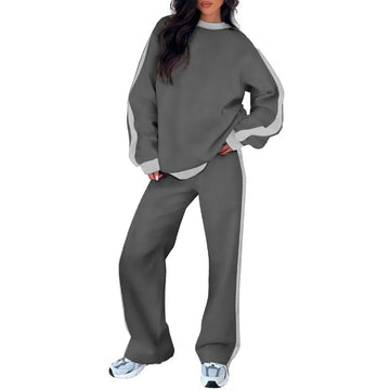 Women's fleece crew neck winter two piece set with contrast side stripes
