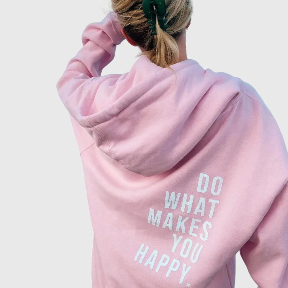 Women's winter fleece hoodie with text print on back - Light Pink - White Print