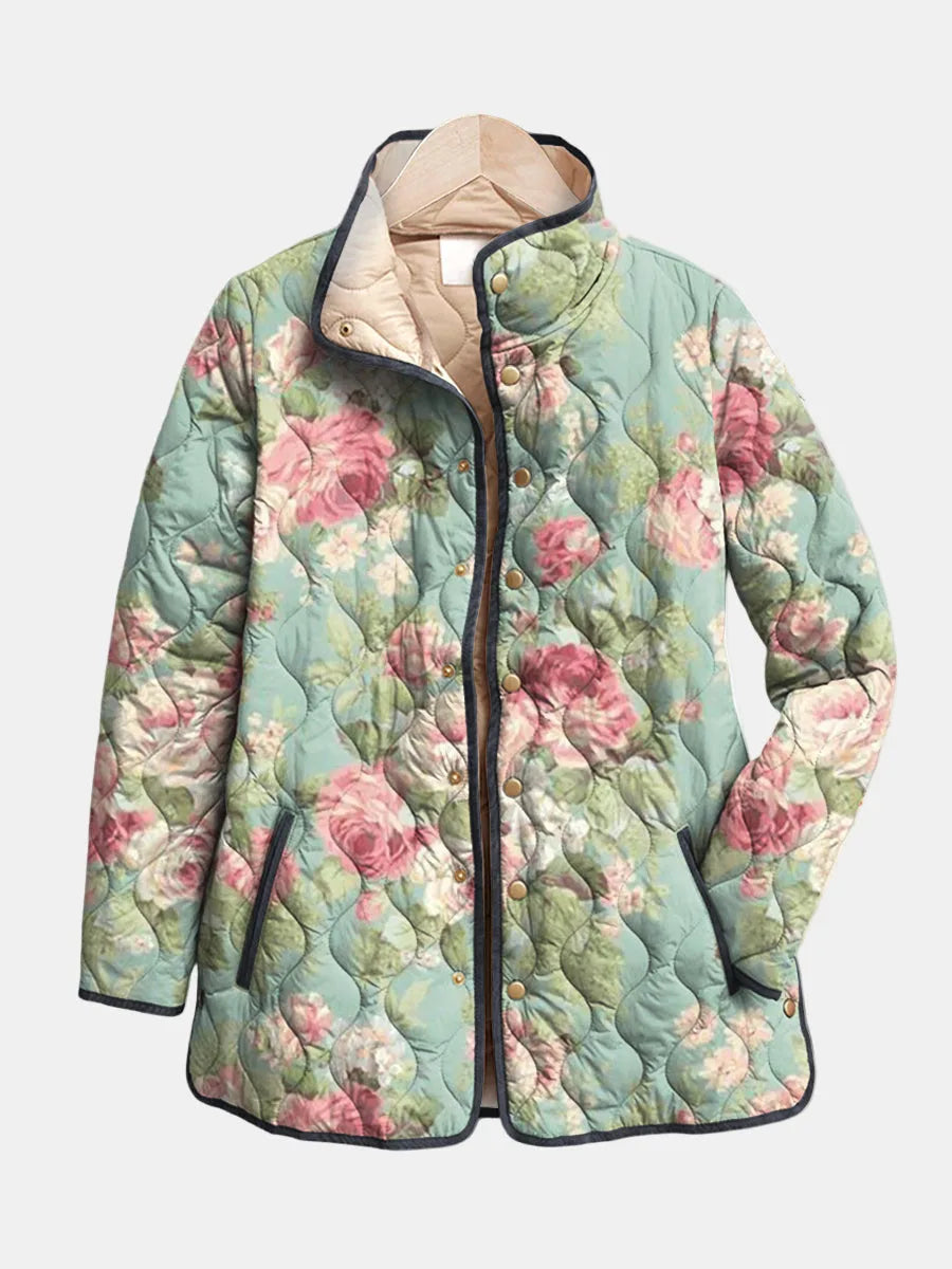 Women's floral button-front stand collar winter quilted jacket in light blue