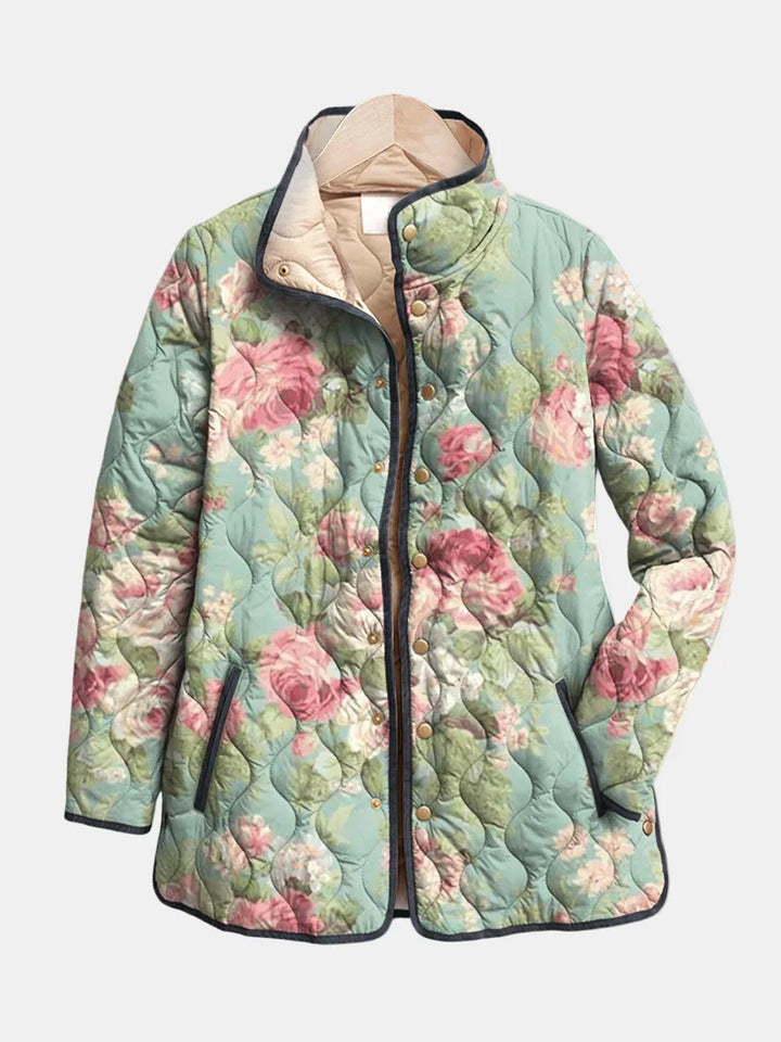 Women's floral button-front stand collar winter quilted jacket in light blue