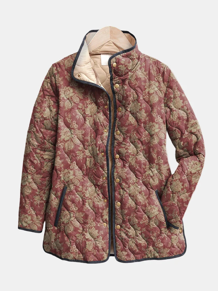 Women's floral button-front stand collar winter quilted jacket in maroon