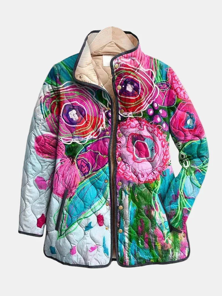 Women's floral button-front stand collar winter quilted jacket in multicolour