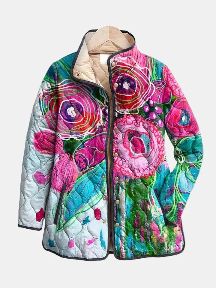 Women's floral button-front stand collar winter quilted jacket in multicolour