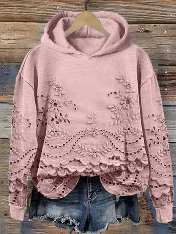 Women's floral cotton winter hoodie with eyelet lace cut-outs