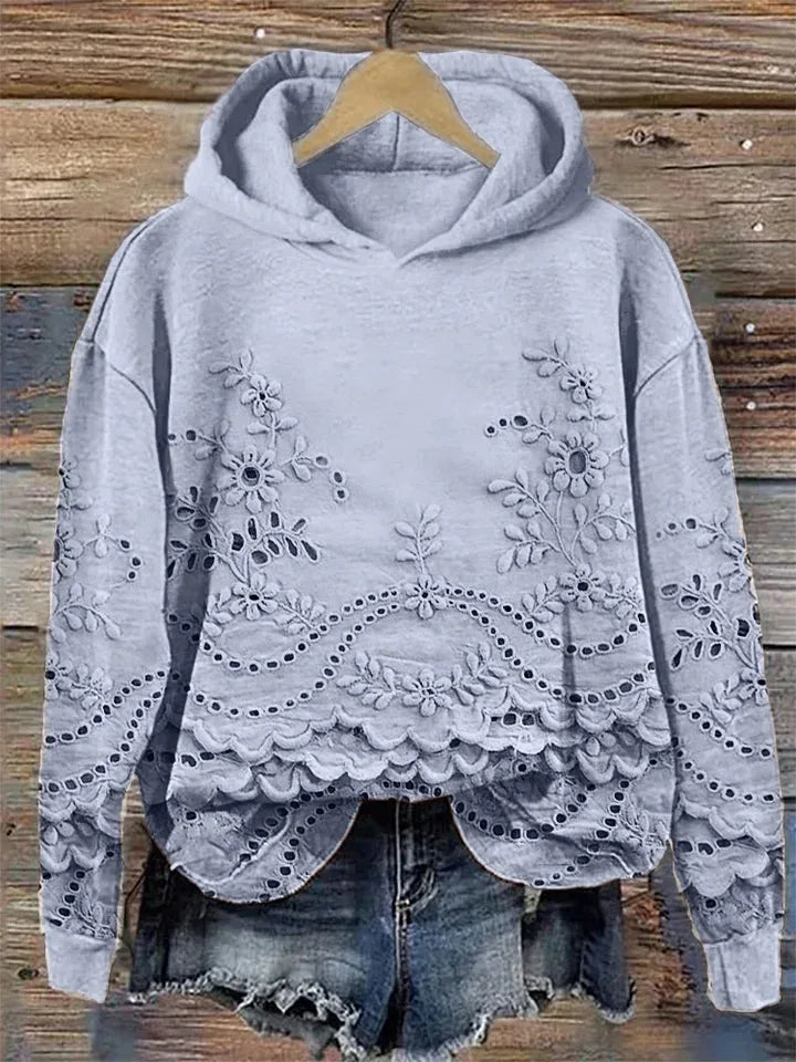 Women's floral cotton winter hoodie with eyelet lace cut-outs