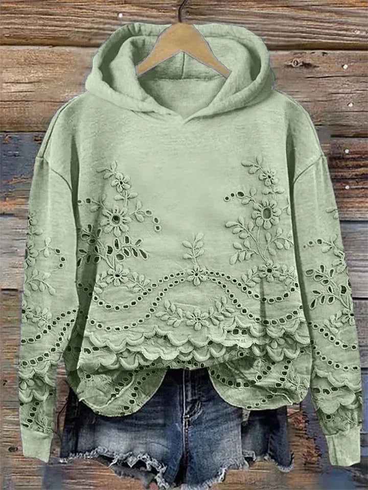 Women's floral cotton winter hoodie with eyelet lace cut-outs
