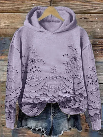 Women's floral cotton winter hoodie with eyelet lace cut-outs