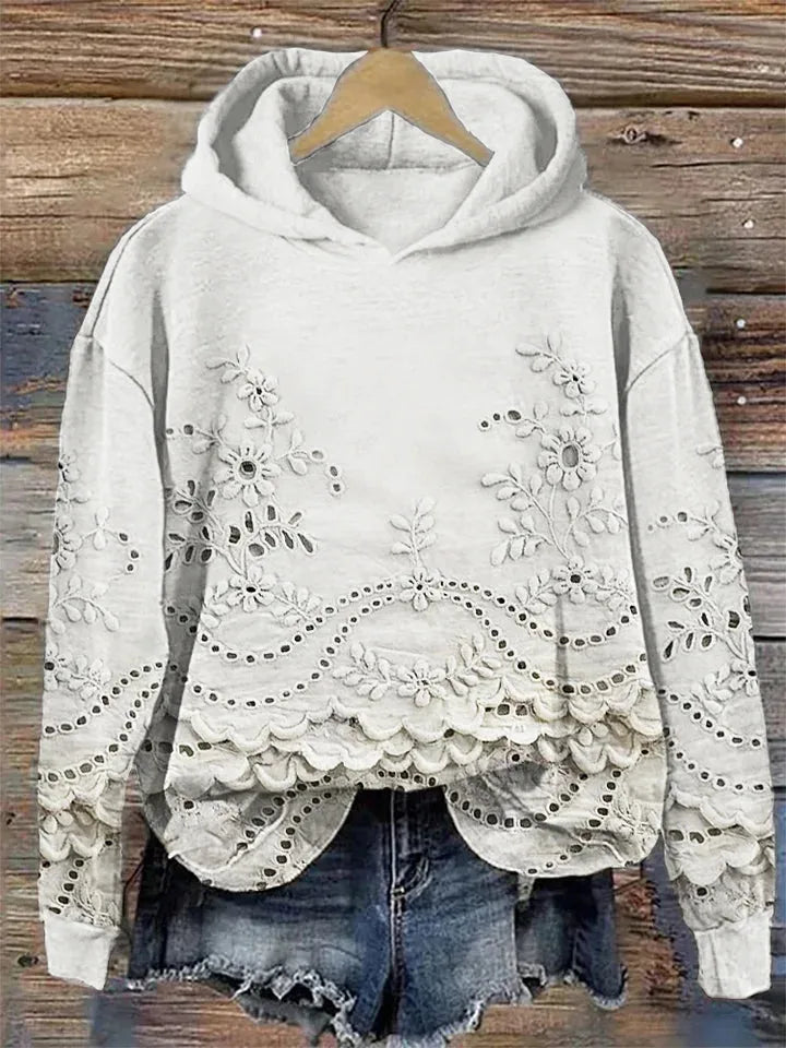 Women's floral cotton winter hoodie with eyelet lace cut-outs