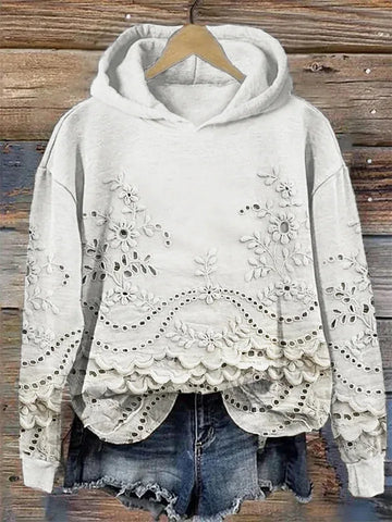 Women's floral cotton winter hoodie with eyelet lace cut-outs