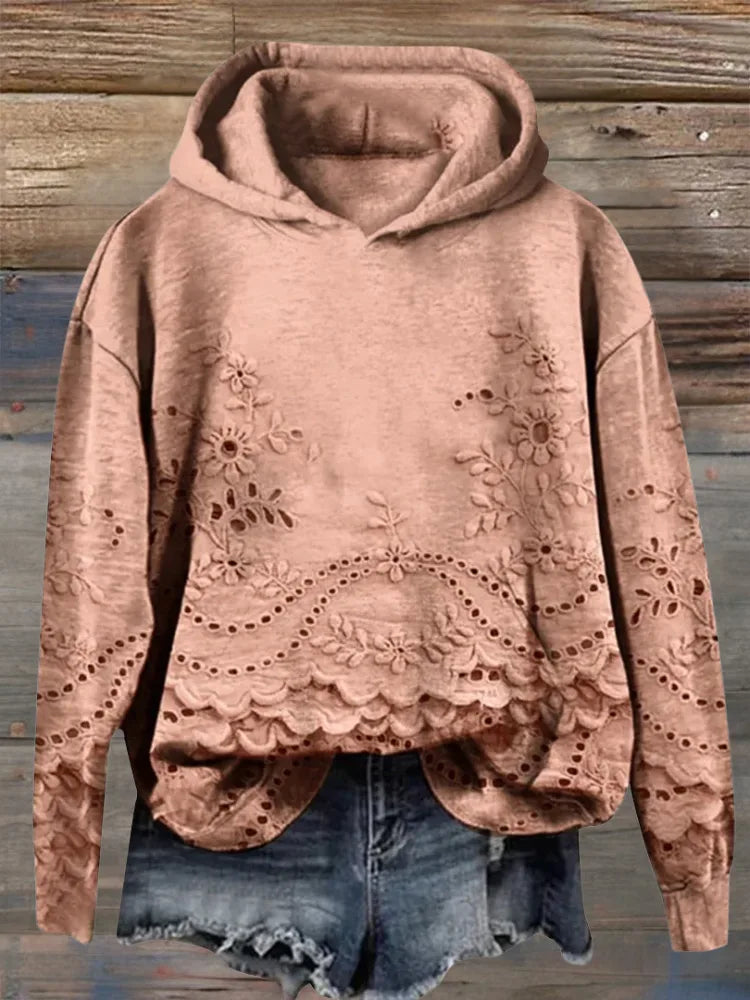 Women's floral cotton winter hoodie with eyelet lace cut-outs