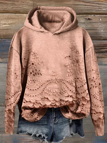 Women's floral cotton winter hoodie with eyelet lace cut-outs