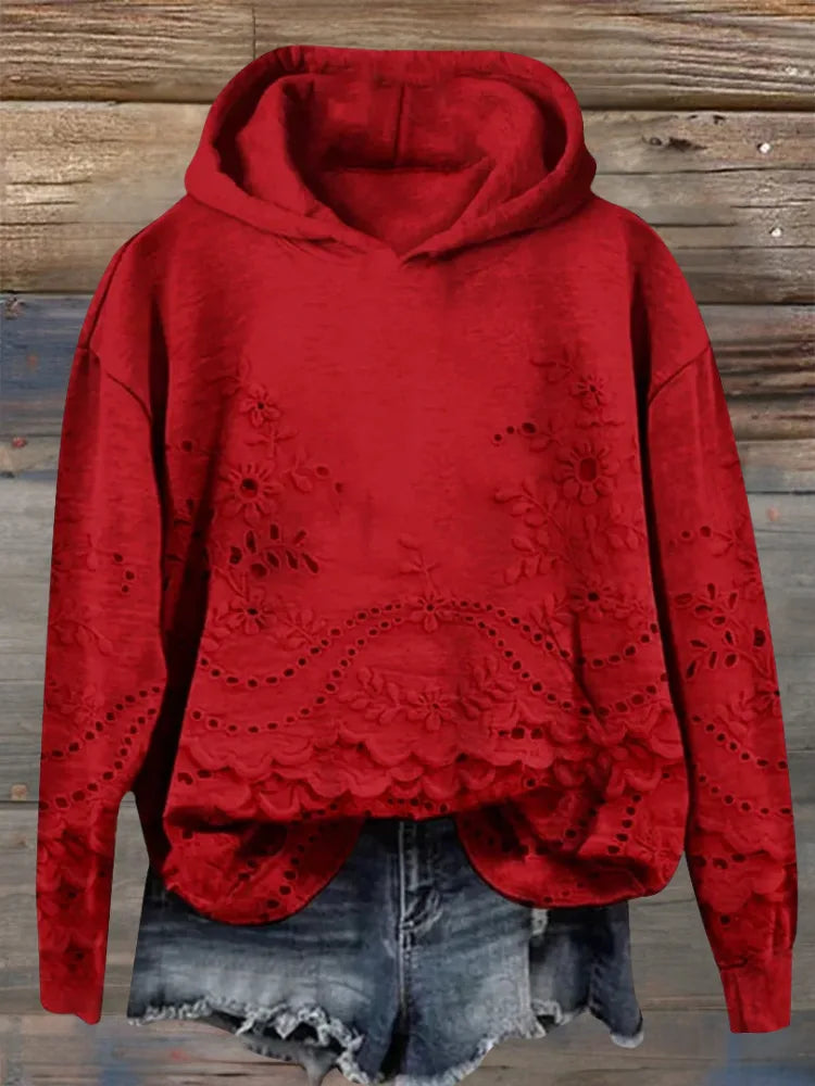Women's floral cotton winter hoodie with eyelet lace cut-outs