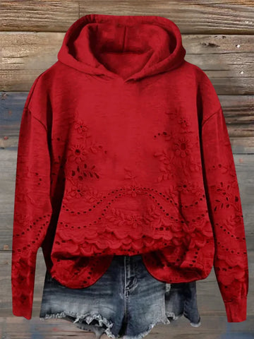 Women's floral cotton winter hoodie with eyelet lace cut-outs