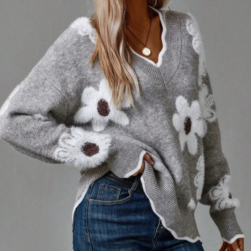 Women's floral knit v-neck winter sweater with fuzzy appliques