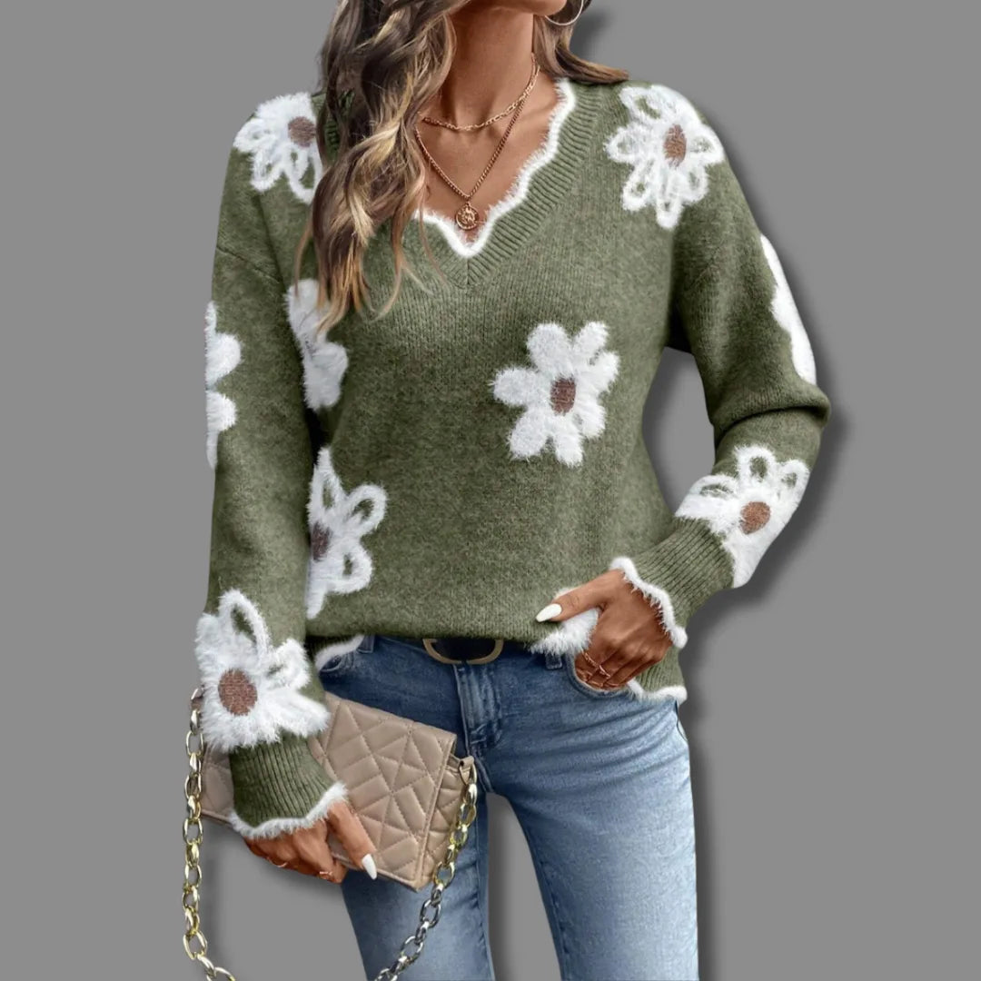 Women's floral knit v-neck winter sweater with fuzzy appliques