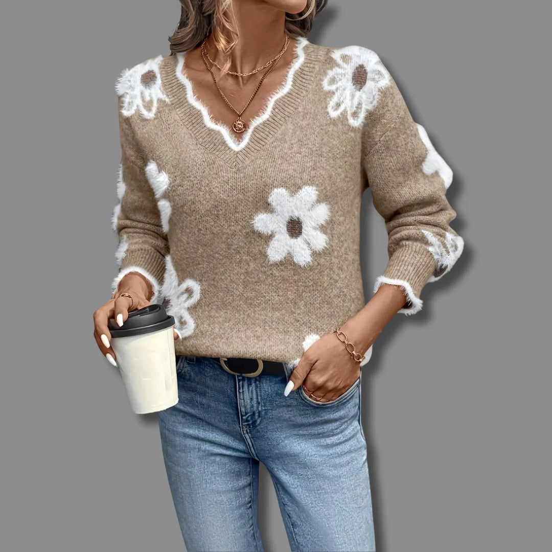 Women's floral knit v-neck winter sweater with fuzzy appliques