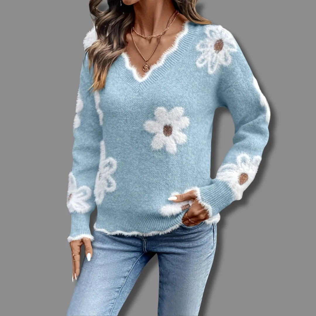 Women's floral knit v-neck winter sweater with fuzzy appliques