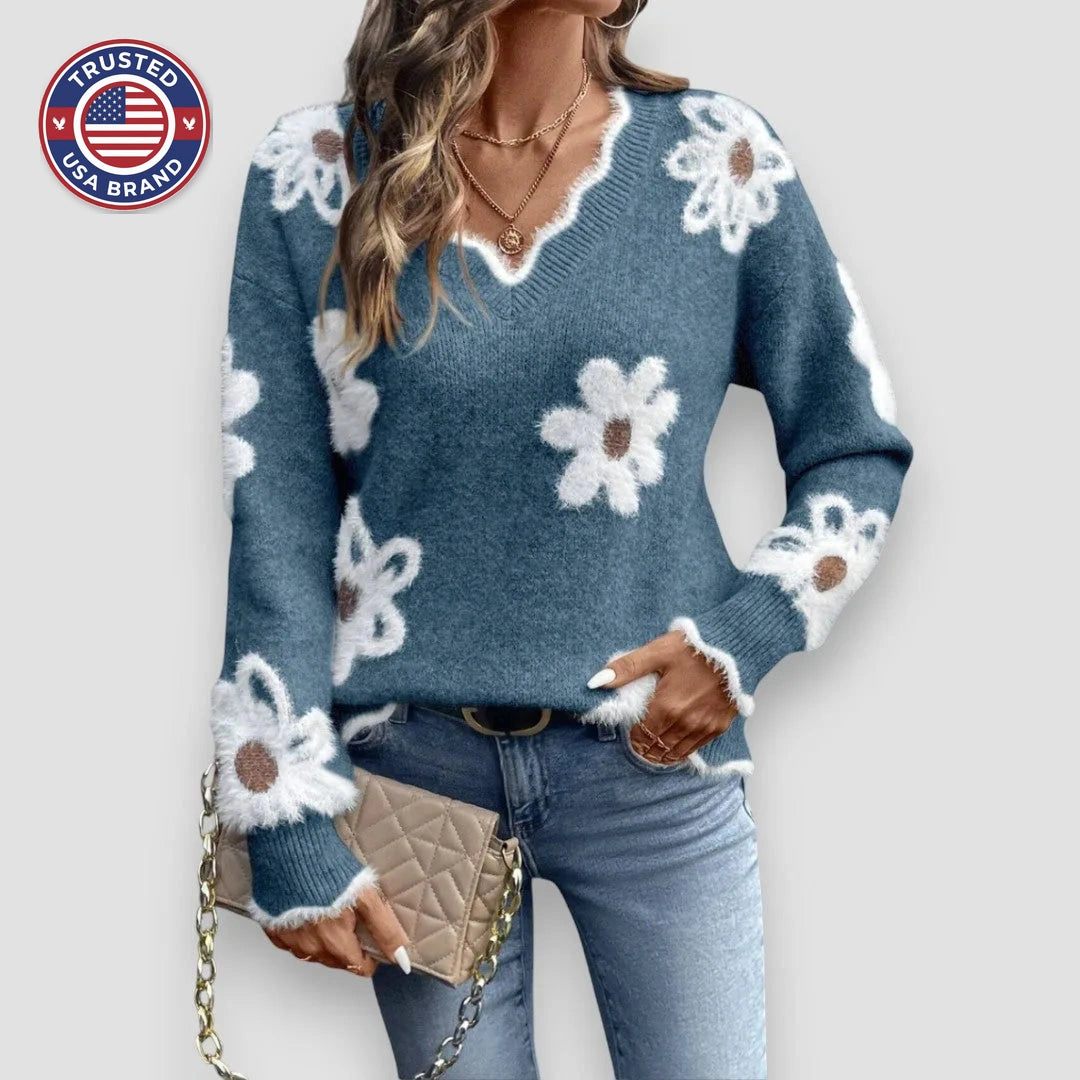 Women's floral knit v-neck winter sweater with fuzzy appliques