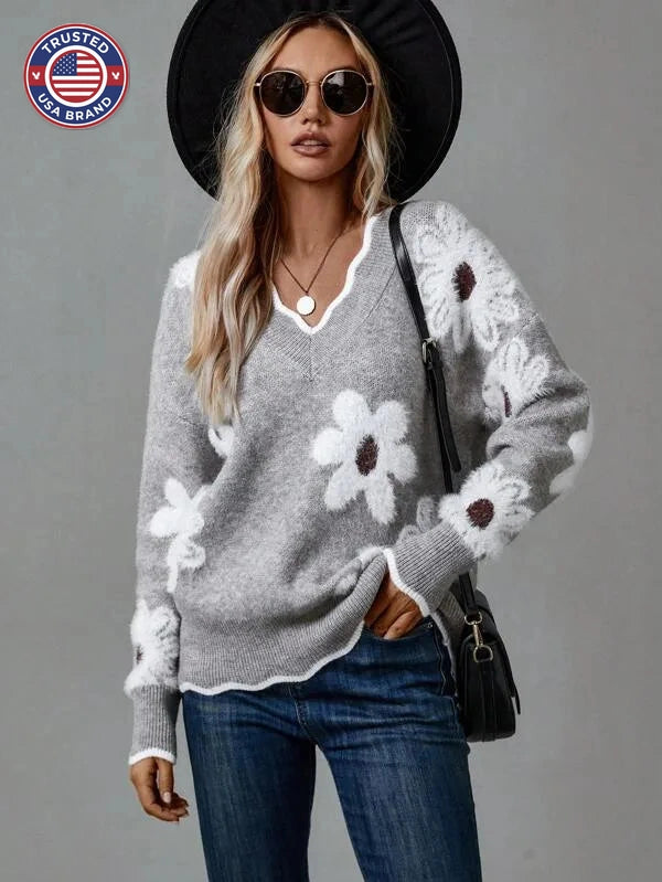 Women's floral knit v-neck winter sweater with fuzzy appliques