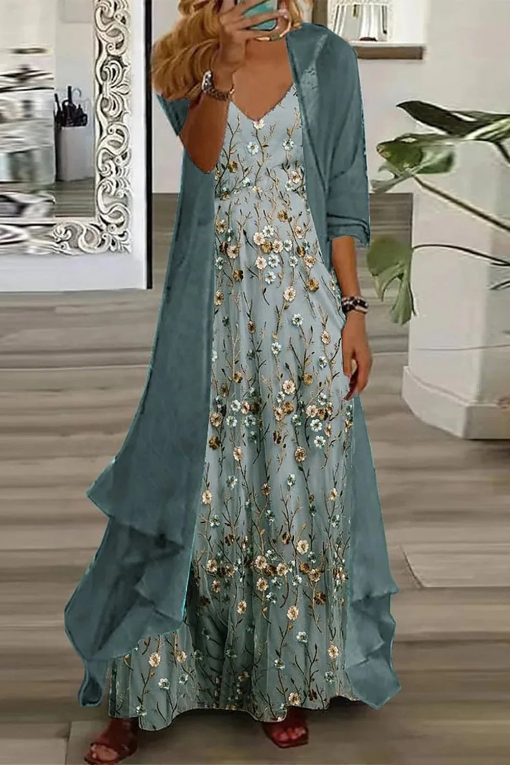 Women's Floral Winter Maxi Dress Set V-Neck with Duster Cardigan