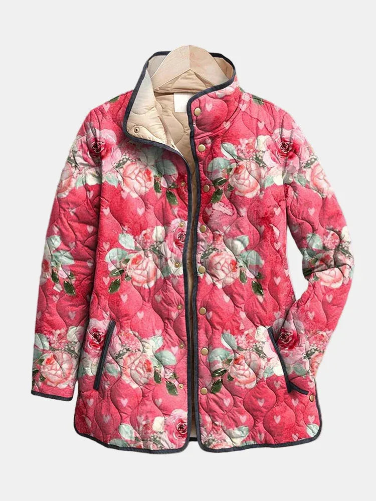 Women's floral quilted button-front winter puffer jacket with contrast piping