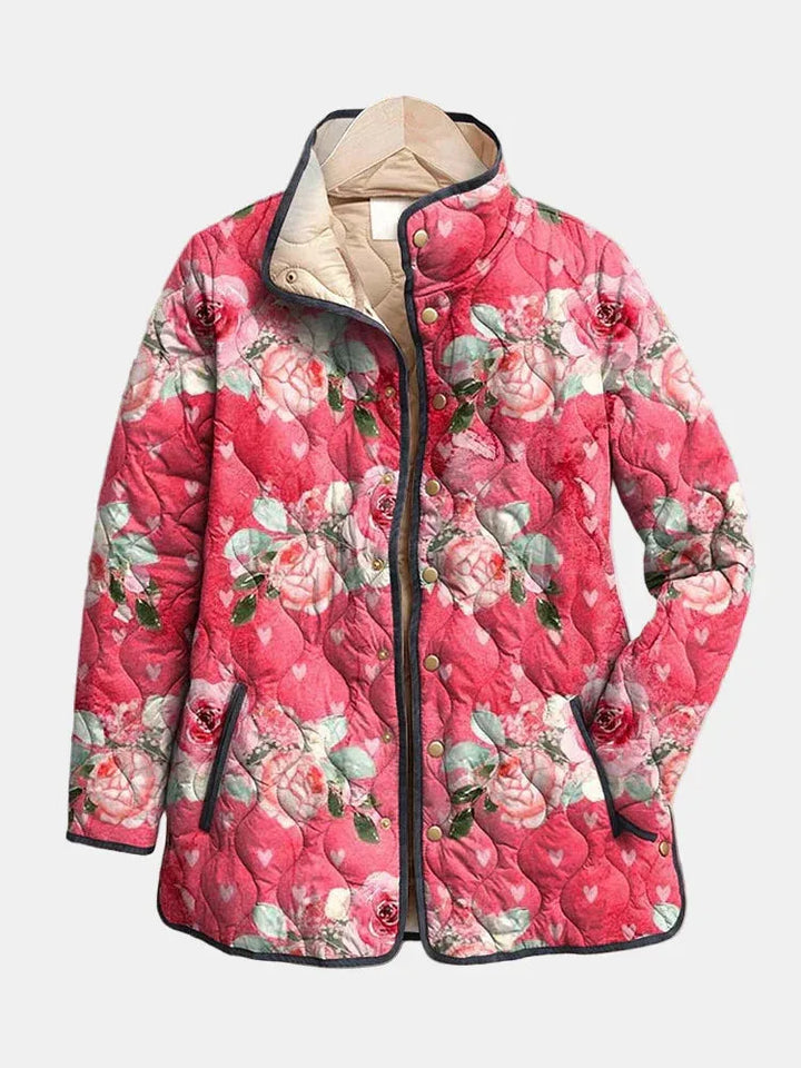 Women's floral quilted button-front winter puffer jacket with contrast piping