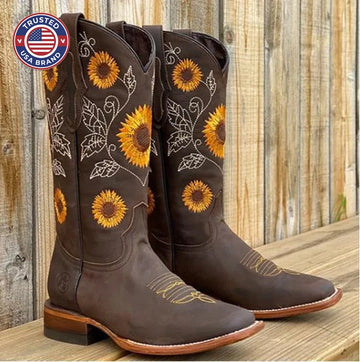 Women's floral suede knee high winter boots with sunflower embroidery