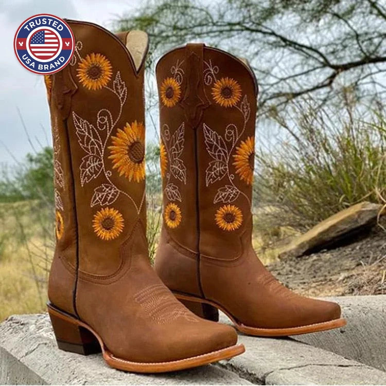 Women's floral suede knee high winter boots with sunflower embroidery