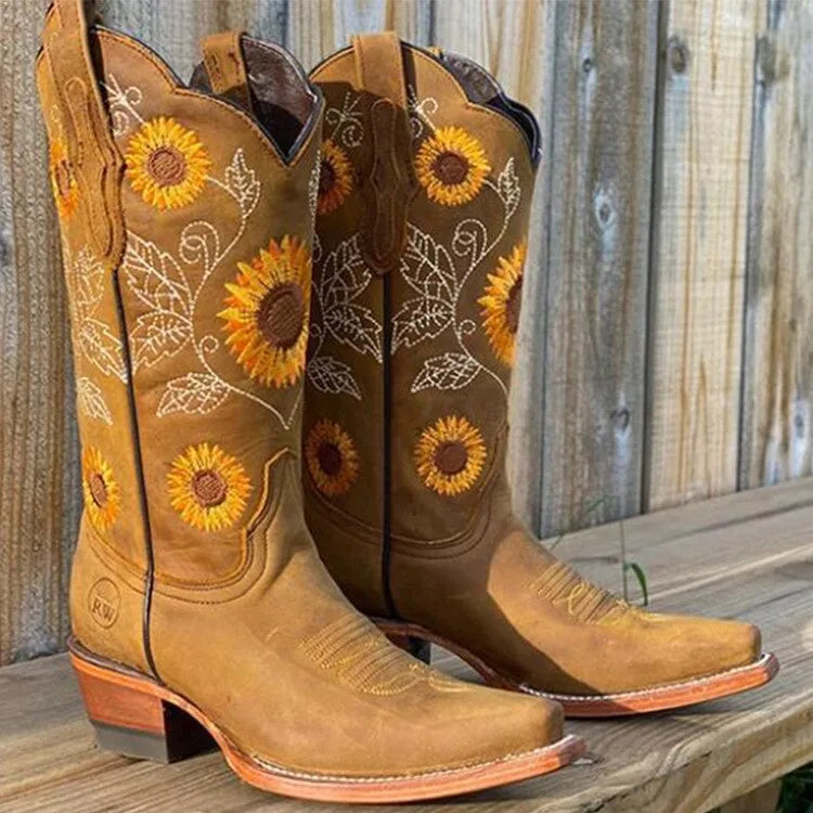 Women's floral suede knee high winter boots with sunflower embroidery
