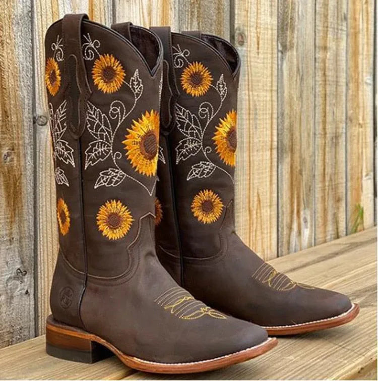 Women's floral suede knee high winter boots with sunflower embroidery