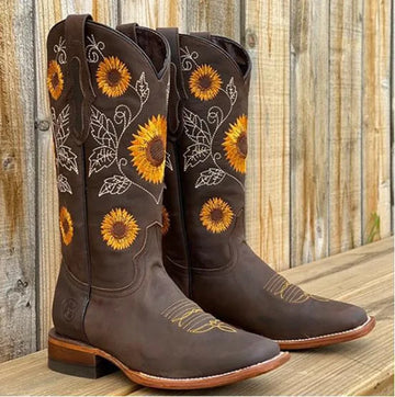 Women's floral suede knee high winter boots with sunflower embroidery
