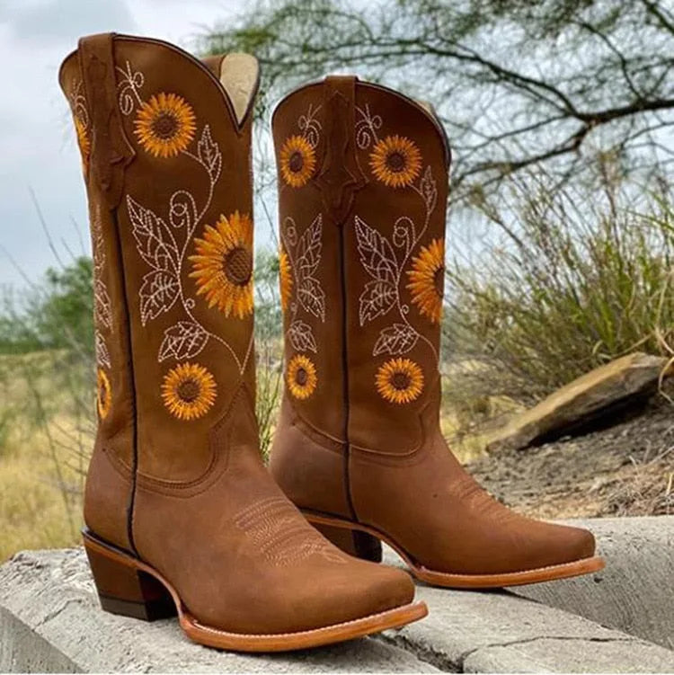Women's floral suede knee high winter boots with sunflower embroidery