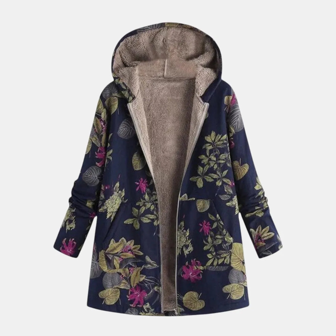Women's floral zip-up hooded winter parka with sherpa fleece lining in navy