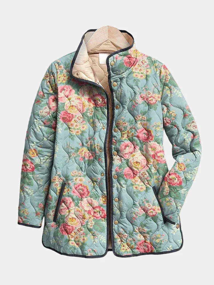 Women's floral zip-up stand collar winter quilted jacket with contrast piping