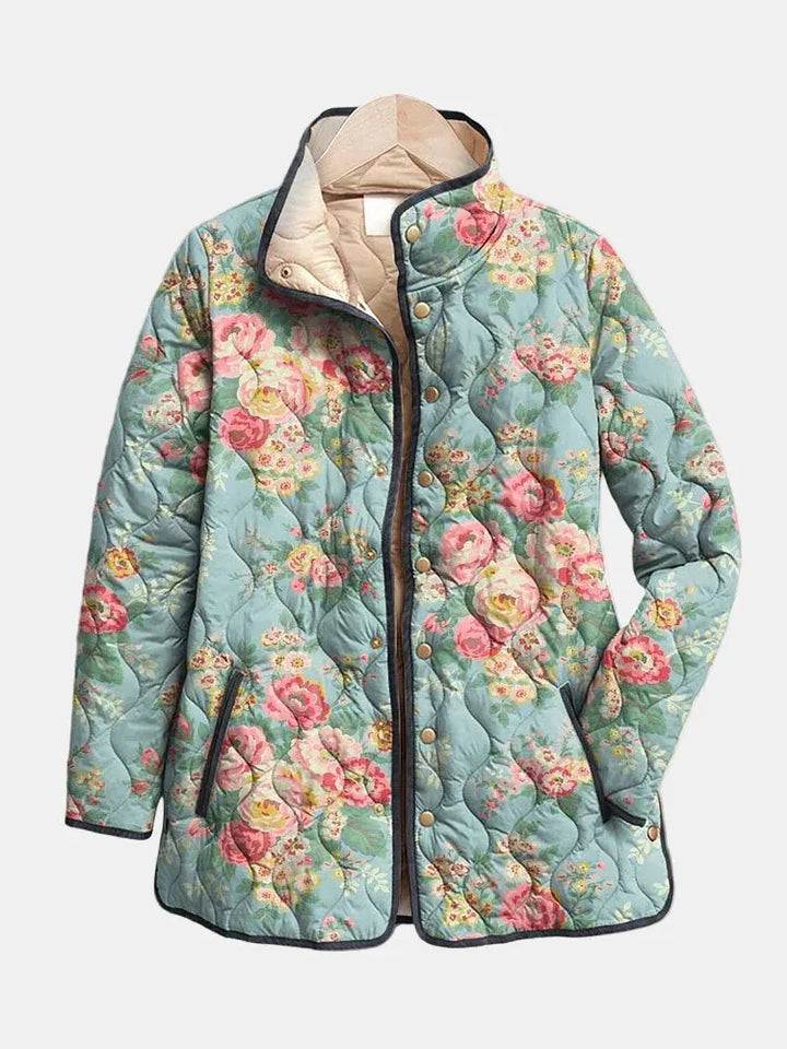 Women's floral zip-up stand collar winter quilted jacket with contrast piping