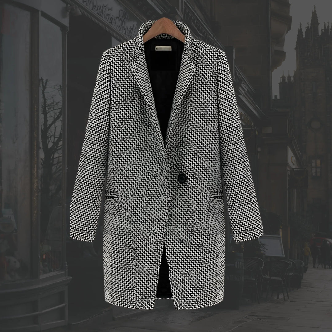 Women's houndstooth tweed button-front winter wool coat with quilted lining in black