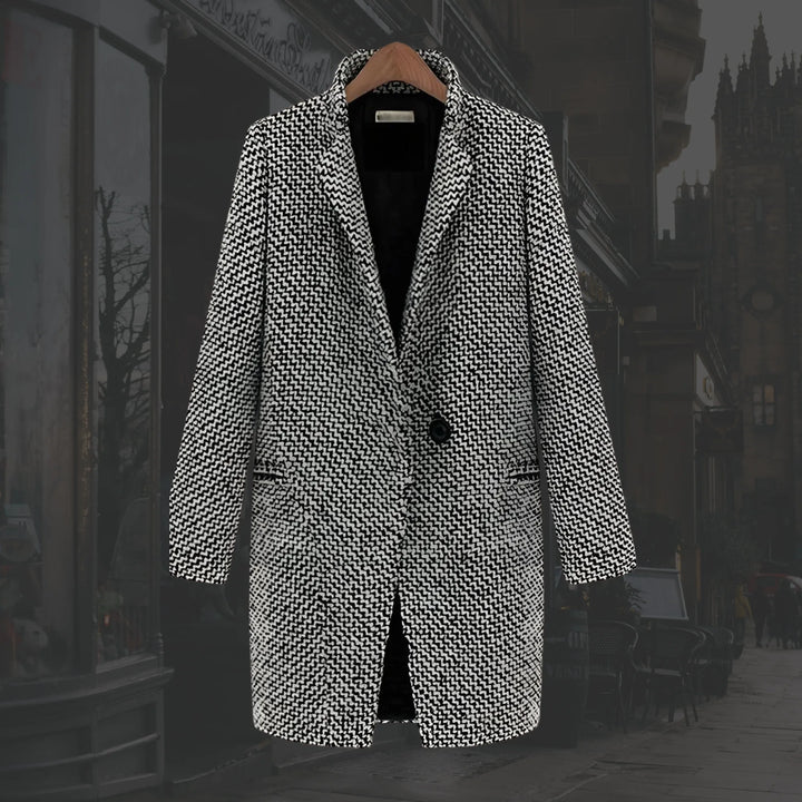 Women's houndstooth tweed button-front winter wool coat with quilted lining in black