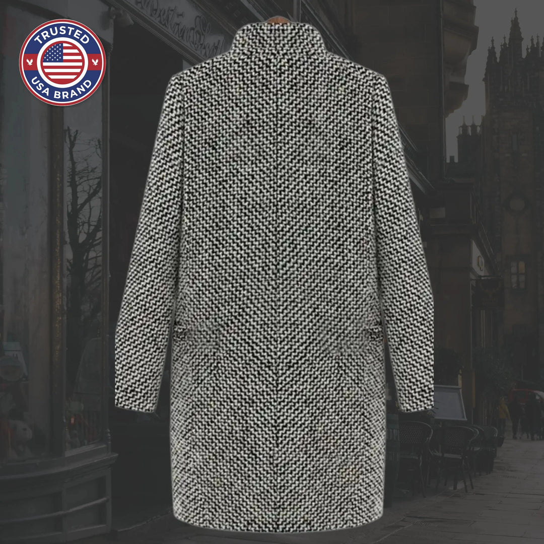 Women's houndstooth tweed button-front winter wool coat with quilted lining in black