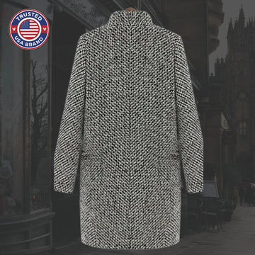 Women's houndstooth tweed button-front winter wool coat with quilted lining in black