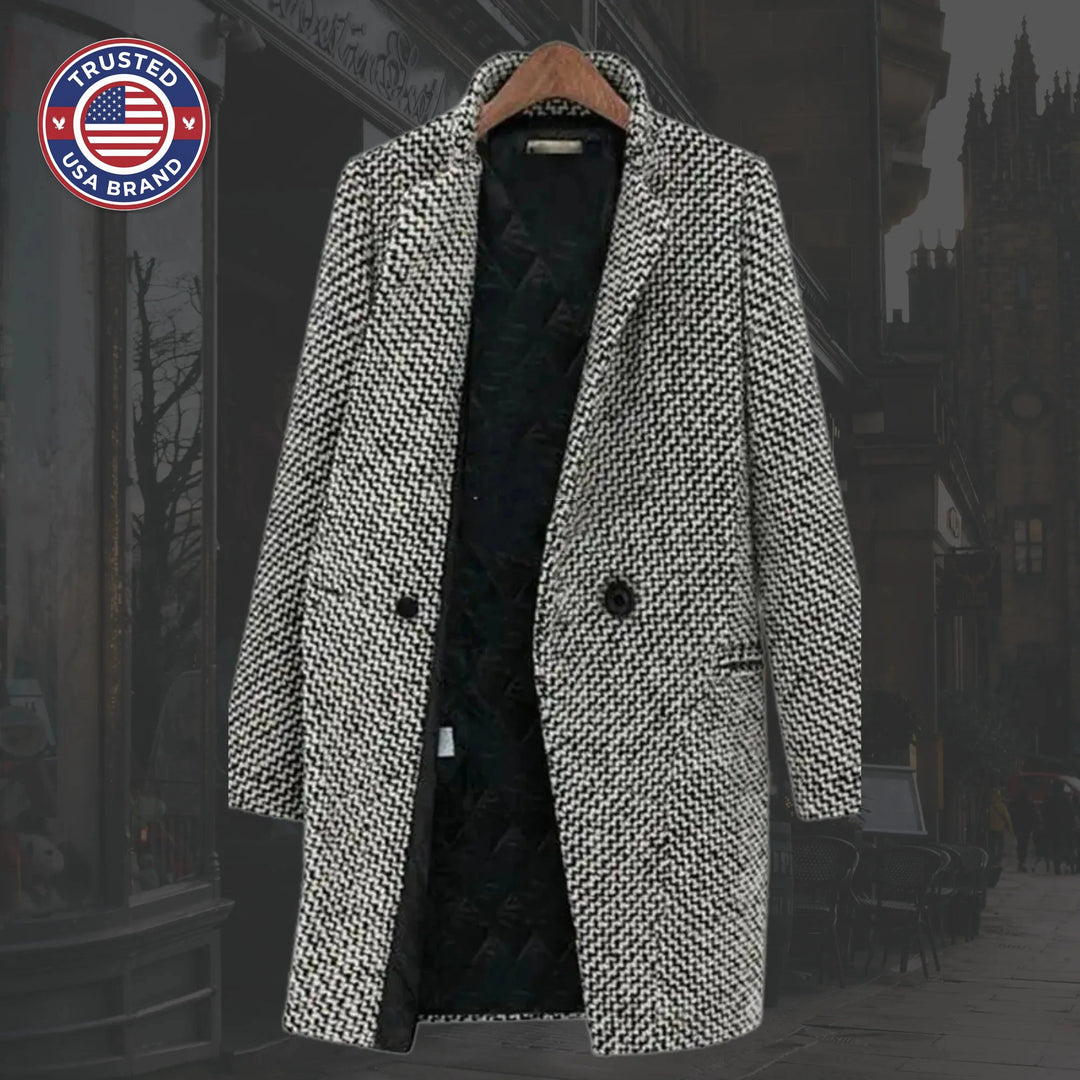 Women's houndstooth tweed button-front winter wool coat with quilted lining in black