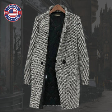 Women's houndstooth tweed button-front winter wool coat with quilted lining in black