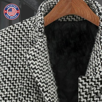 Women's houndstooth tweed button-front winter wool coat with quilted lining in black