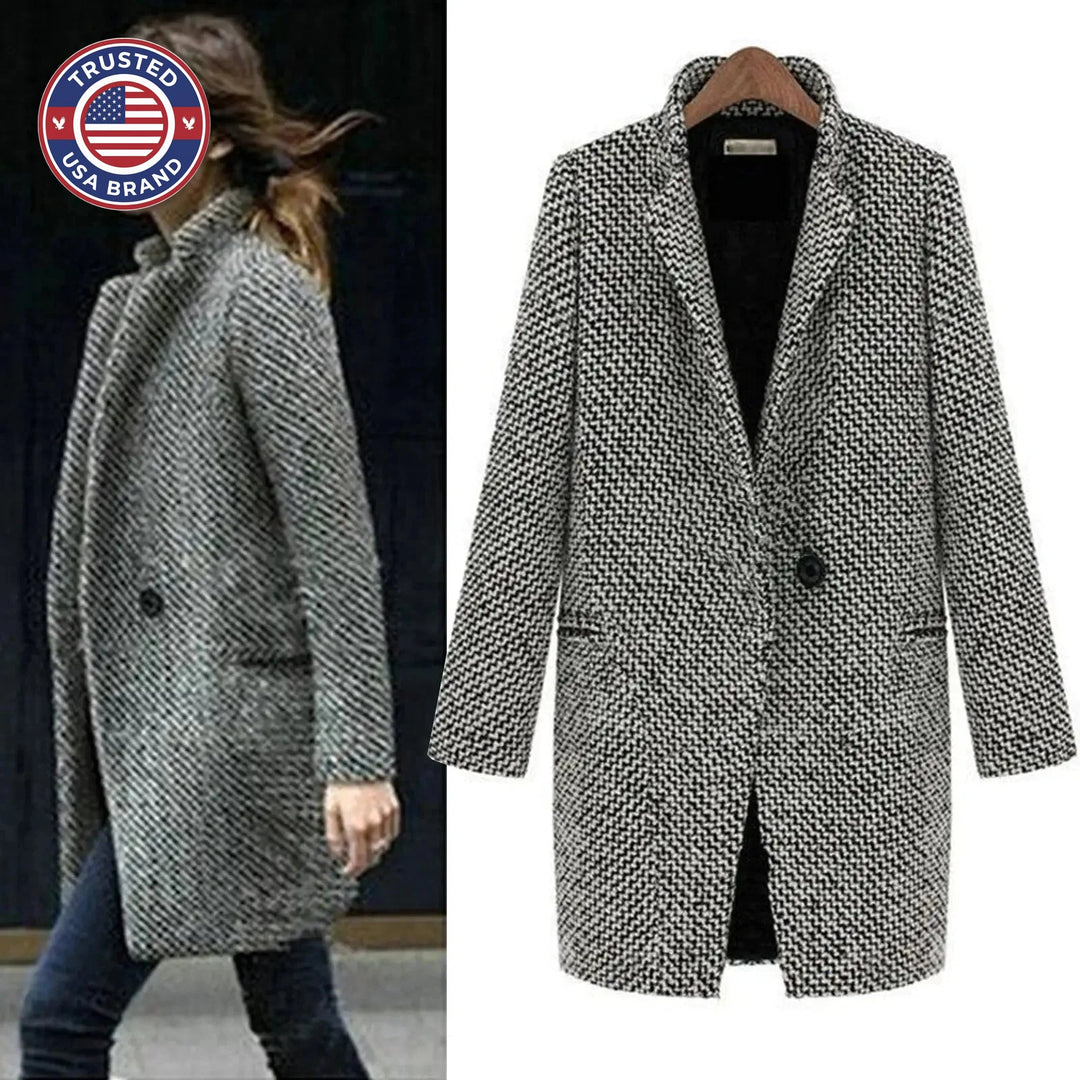Women's houndstooth tweed button-front winter wool coat with quilted lining in black
