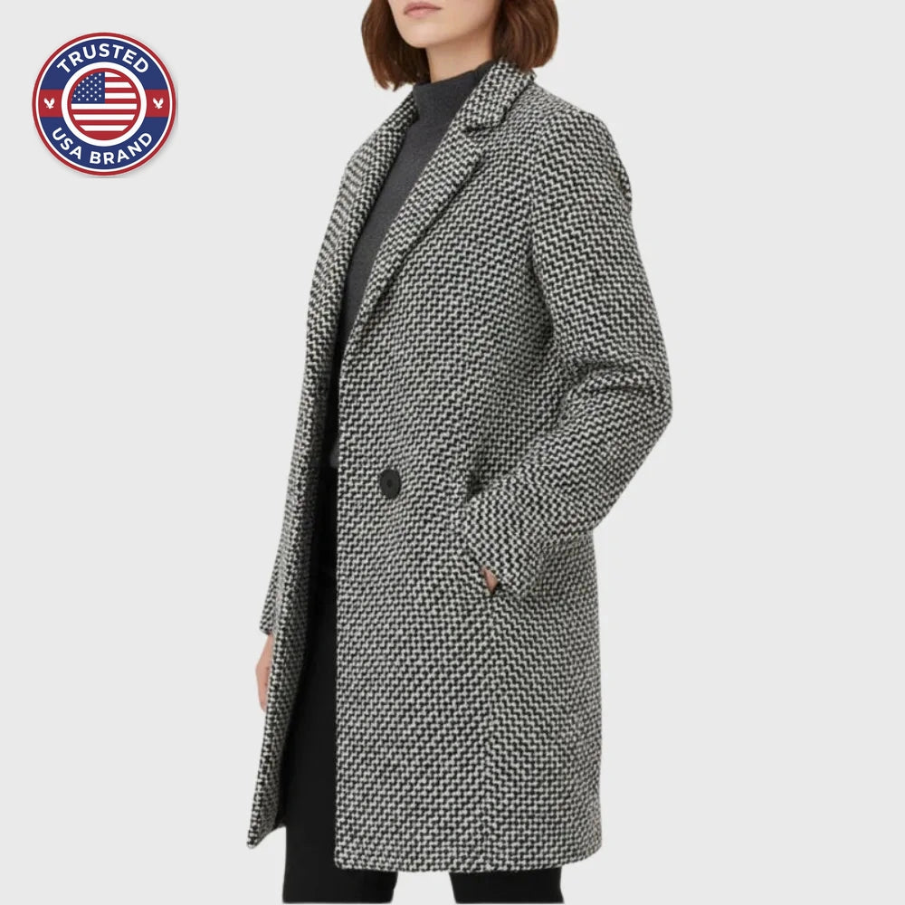 Women's houndstooth tweed double-breasted winter wool coat