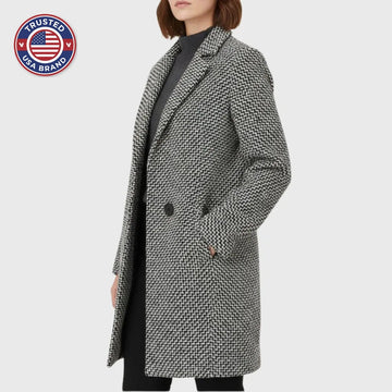 Women's houndstooth tweed double-breasted winter wool coat