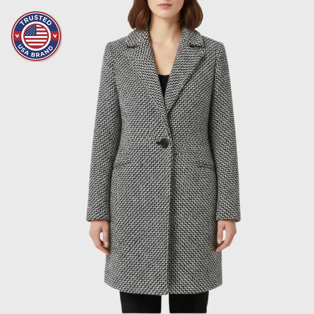 Women's houndstooth tweed double-breasted winter wool coat